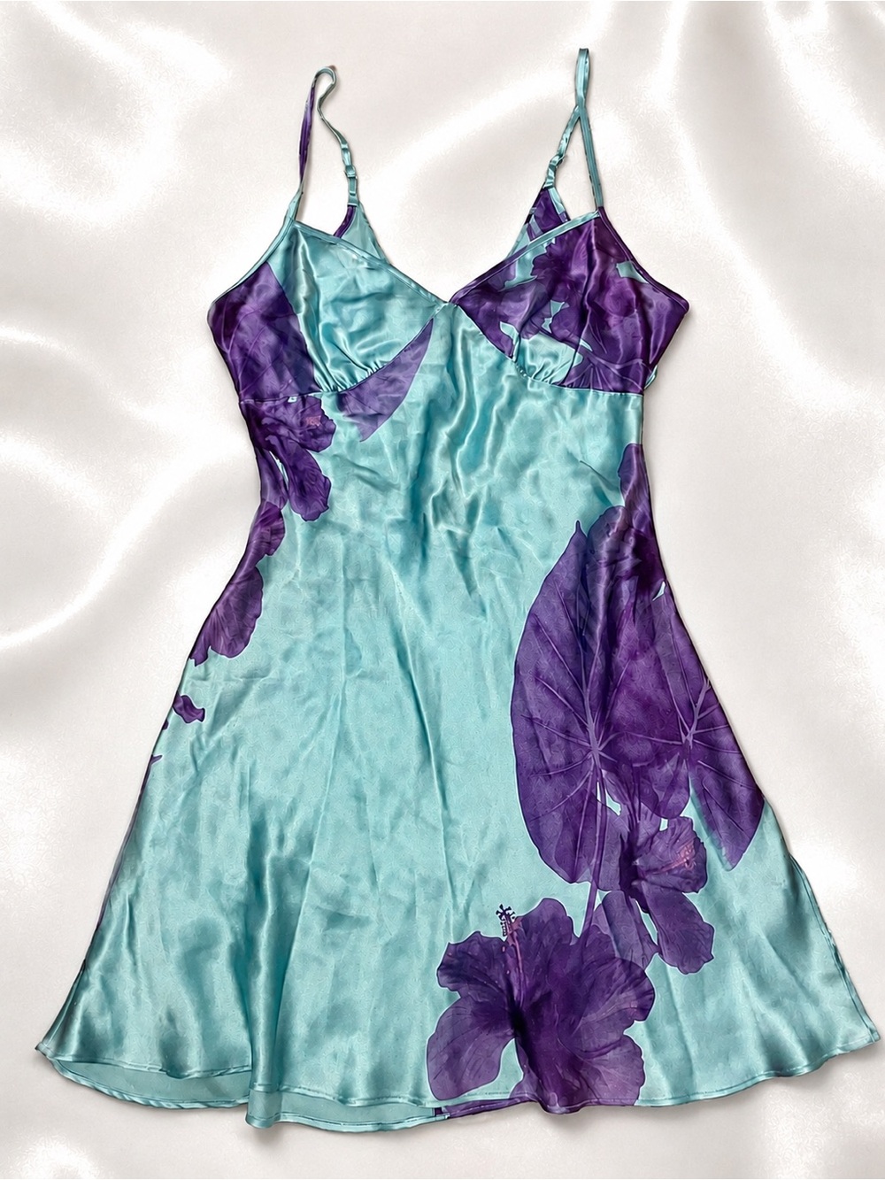 NWT VTG Victoria Secret 100% Silk Mini Slip Dress Size M Teal Blue 90s Coquette